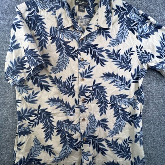 Eddie Bauer Shirt Linen Blend Large Floral Outdoor Short Sleeve Ivory Blue - Picture 1 of 9